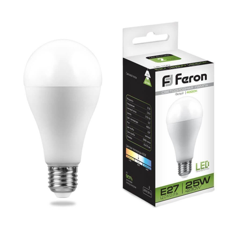 Лампа светодиодная Feron E27 25W 4000K Шар Матовая LB-100 25791